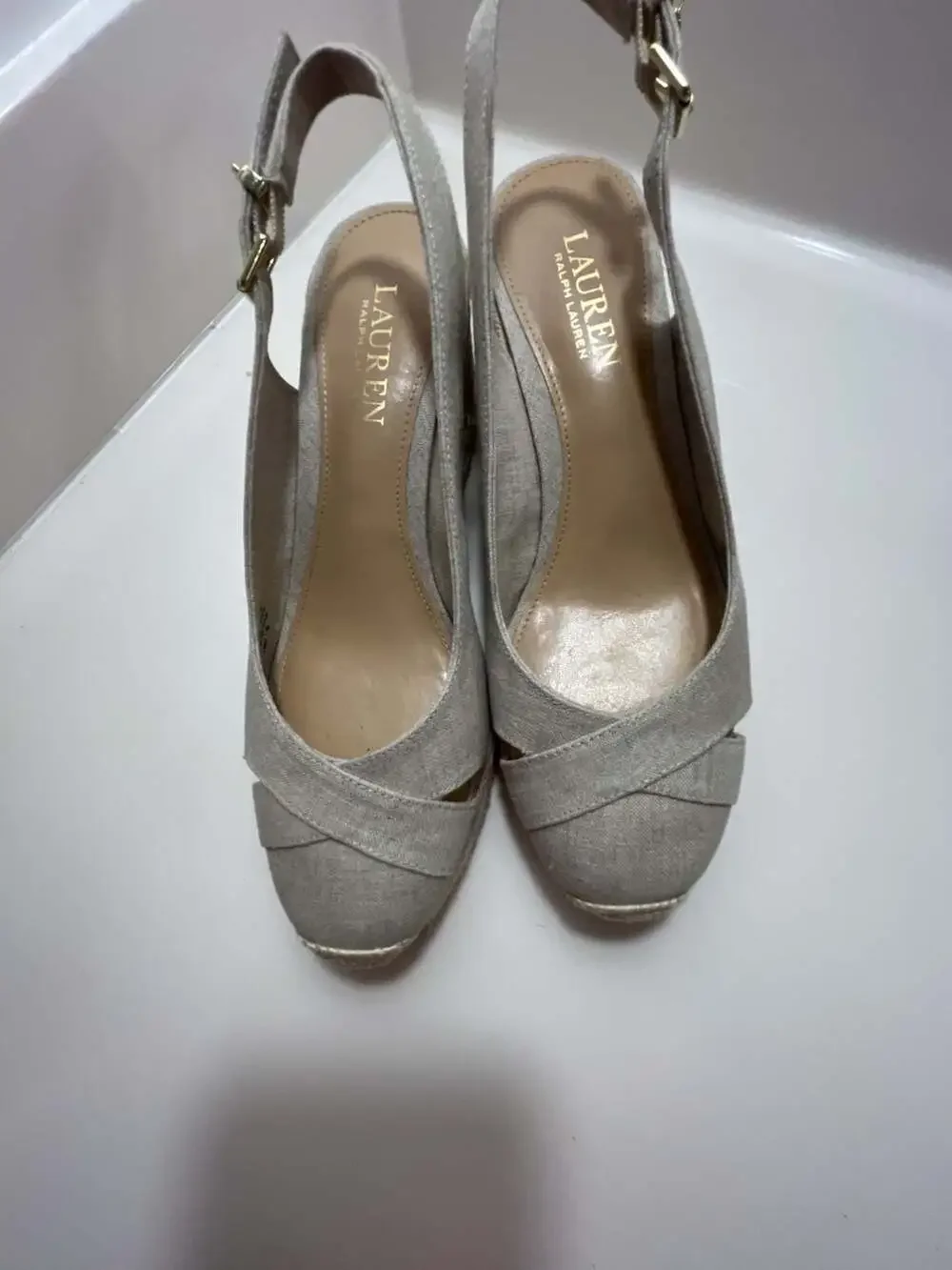 Lauren Ralph Lauren Beige Linen Slingback Wedge Espadrille Sandals